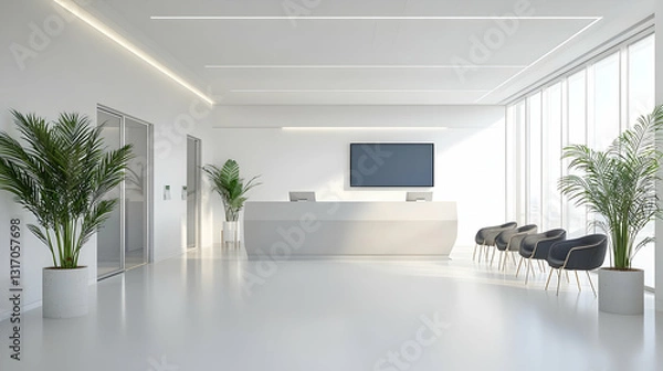 Fototapeta Bright Modern Office Reception Area With White Interior