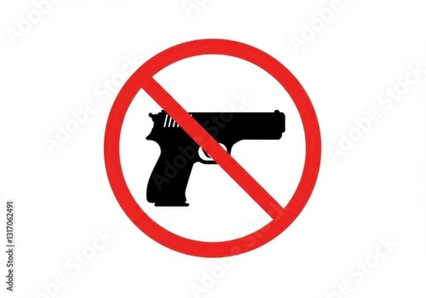 Fototapeta no guns allowed sign, warning symbol, red circle with diagonal line, black silhouette of handgun, safety icon, prohibition sign