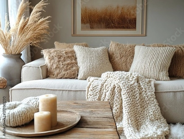 Obraz Cozy living room with neutral tones, textured cushions, and natural decor elements, creating a warm atmosphere