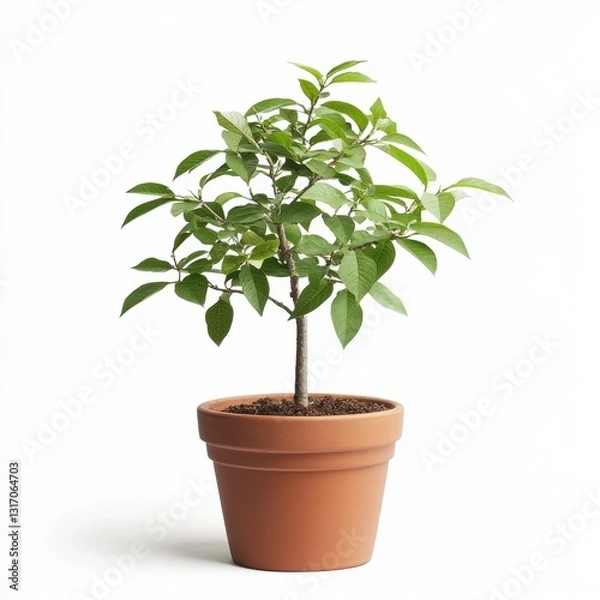 Fototapeta Small Green Plant in Terracotta Pot Against White Background