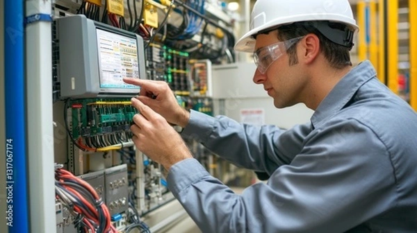 Fototapeta Engineer Programming PLC on Control Panel in Industrial Setting
