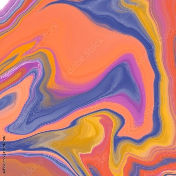 Fototapeta Abstract painting featuring swirling patterns in shades of orange, purple, blue, and yellow. The fluid motion of the colors creates a marbled effect, with seamless transitions and a sense of depth. 
