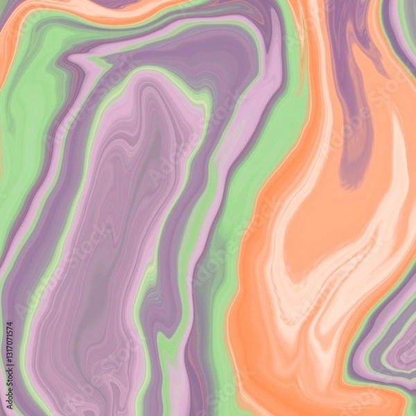 Fototapeta Abstract art featuring swirling patterns in pastel hues of green, orange, and lavender. The design resembles organic, fluid shapes with smooth, flowing lines, creating a marbled effect.