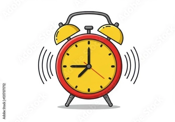 Fototapeta Cartoon alarm clock, red and yellow, ringing bells, vibrating motion lines, white background, classic design, iconic imagery, simple illustration