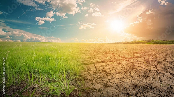 Fototapeta A field with a bright sun in the sky and a patch of dry, brown grass. The sun is shining brightly on the dry grass, making it look even more parched and lifeless