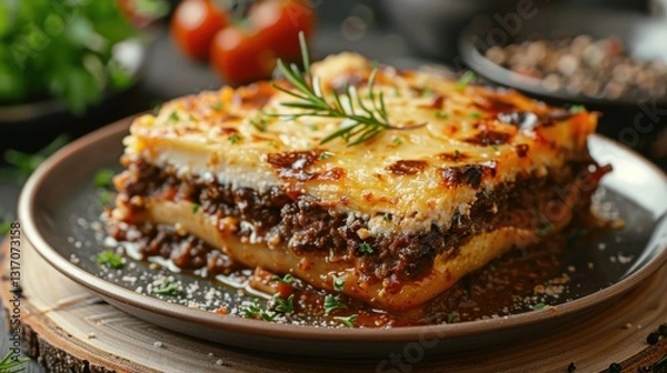Fototapeta Savory Layered Lasagna with Meat, Cheese, and Fresh Herbs Surrounded by Ingredients on a Rustic Table