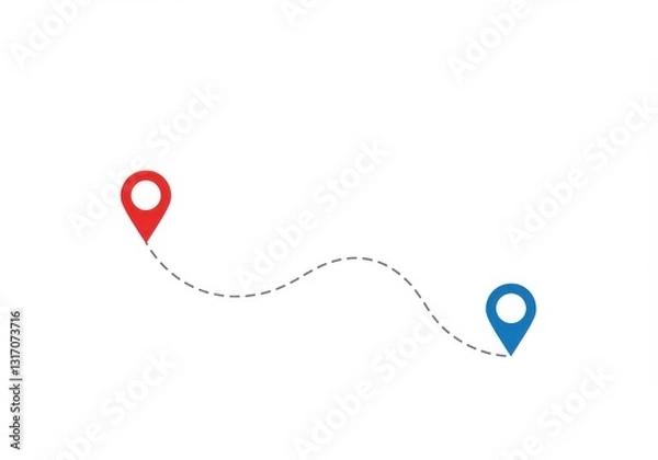 Fototapeta Minimalist route map, red start point marker, blue end point marker, gray dotted line path, curved journey, simple design, clean background, navigation concept