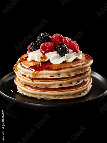 Fototapeta Berry-topped pancakes with syrup, a delicious breakfast stack