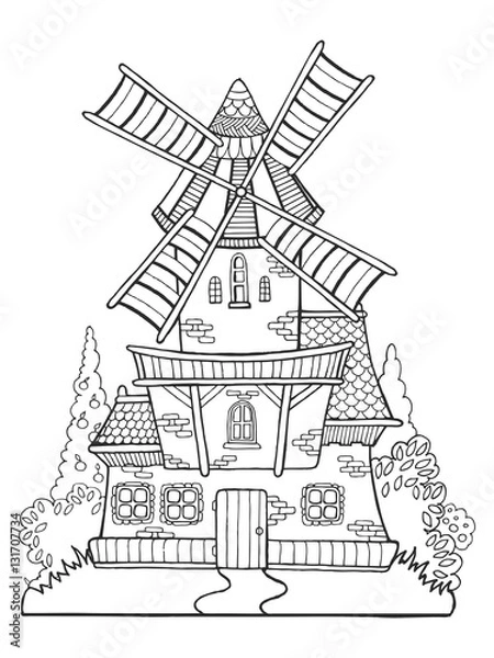 Obraz Windmill vector drawing coloring book for adults