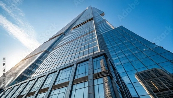 Fototapeta Modern skyscrapers reaching into a bright blue sky with clouds. Low angle view of contemporary glass buildings in an urban setting