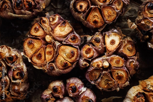 Obraz Roasted garlic bulbs on a black background, close up view