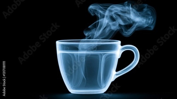 Fototapeta X-ray image of a coffee cup with steam kitchen digital art dark background close-up visualization concept