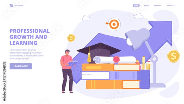 Fototapeta Professional growth, skill development, career advancement, retraining for success. Flat design concept with tiny characters for landing page. Vector illustration for website, banner, print.