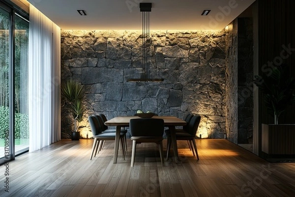 Fototapeta Modern dining area featuring a stone accent wall and warm ambient lighting