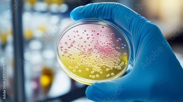 Fototapeta Laboratory experiment closeup of a gloved hand holding a petri dish science lab microbiology professional environment