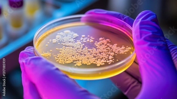 Fototapeta Laboratory experiment closeup science lab petri dish analysis colorful environment microscope view microbial growth observation