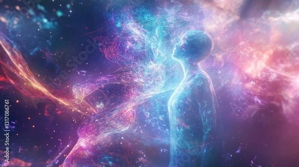 Fototapeta Holographic dna helix intertwining in ethereal space abstract art digital environment cosmic viewpoint