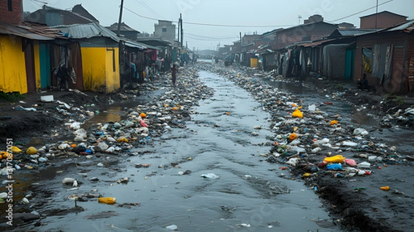 Obraz Water Flows Through Slum Street Full of Waste and Pollution