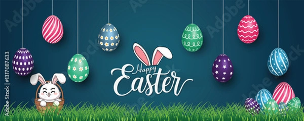 Obraz Happy Easter Background with Cute Bunny in Basket and Colorful Hanging Eggs on Green Grass – Easter Day Vector for Banner, Poster, or Template