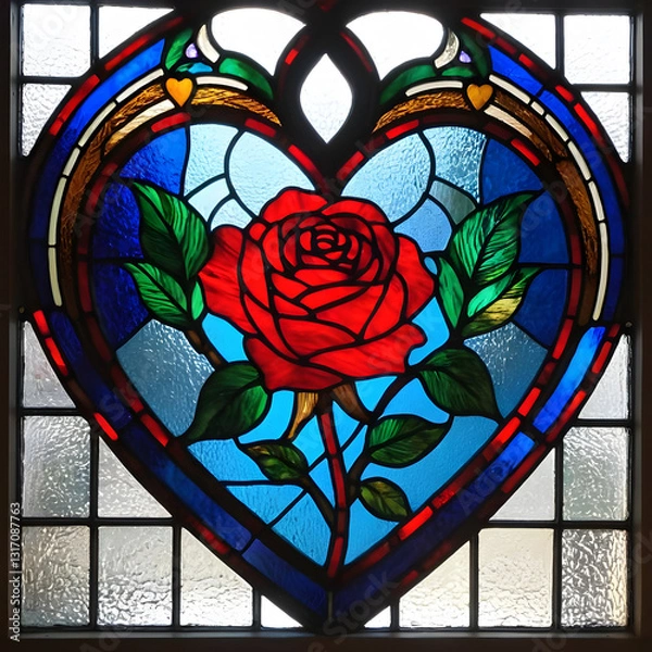 Obraz Stained Glass Heart with Red Rose Design