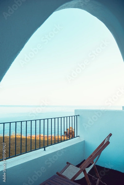 Obraz View of the mediterranean sea in sicily from inside a private home in the Aeolian Islands. Small luxury, travel destinations.