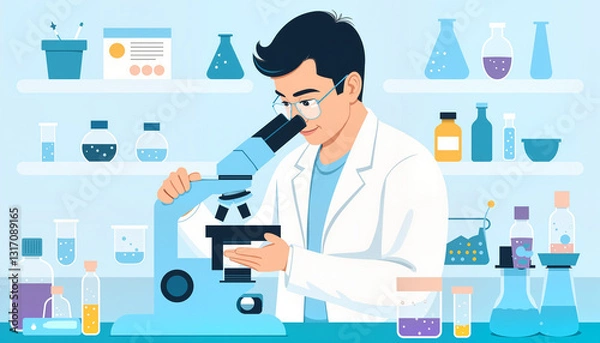 Obraz Focused scientist examining samples with microscope in lab, scientific research