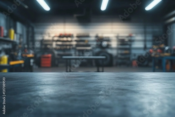Fototapeta Garage Workbench Product Mockup with Tools and Organized Shelves Background