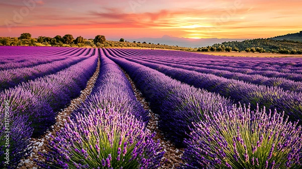 Fototapeta A field of lavender flowers with a beautiful sunset in the background. generated using AI