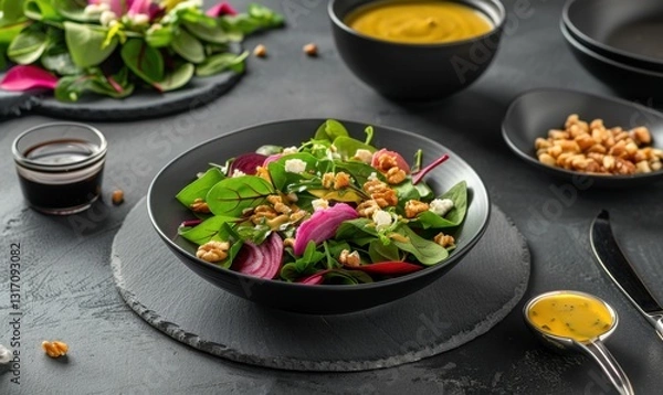 Fototapeta Beetroot salad with walnuts, feta, vinaigrette dressing, and soup
