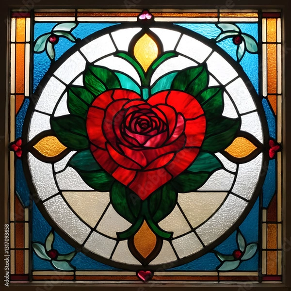 Obraz Stained Glass Heart with Red Rose Design