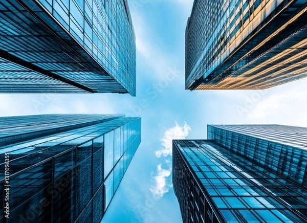 Fototapeta Looking Up at Modern Glass Skyscrapers Against Blue Sky with Clouds
