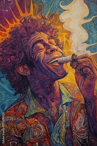 Fototapeta Un hombre sonriente disfruta de un cigarro, rodeado de colores vibrantes que evocan felicidad y libertad.