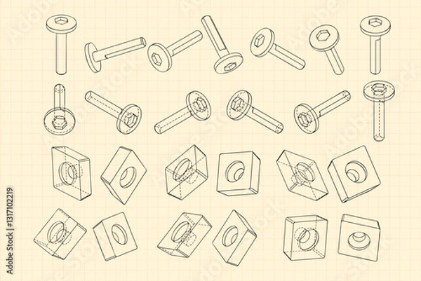 Fototapeta Mechanical engineering drawings on sepia background. Cutter, assembly tool with replaceable multi-faceted plate. Technical Design. Cover. Blueprint. Vector illustration.