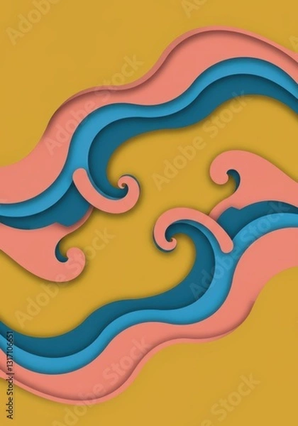 Fototapeta A picture of a wave. The wave is blue and pink. The picture is a cartoon. The background is yellow. The waves are wavy. The wavy lines are pink. There is a pink line on the wave. 