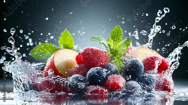Fototapeta A Refreshing Splash of Mixed Berries and Apple Slices with Water Droplets and Mint Sprigs on a Reflective Surface