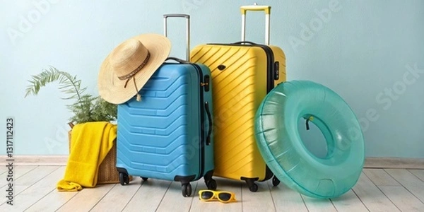 Obraz Bright and Cheerful Vacation Scene with Luggage, Hat, and Beach Accessories, Generative AI