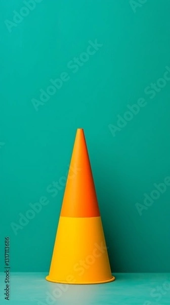 Fototapeta A vibrant yellow traffic cone stands against a teal background, highlighting simplicity and bold color contrast in a minimalistic setting.