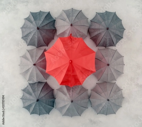 Obraz Minimalist 3D Render of One Red Umbrella Among Grey – Top View with High-Contrast Lighting & Monochromatic Simplicity
