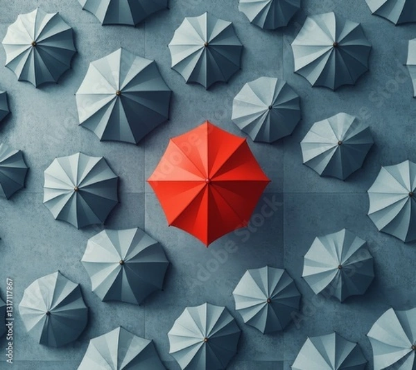 Obraz "Stand Out Leadership Concept – 3D Render of One Red Umbrella Among Grey, Top View on White Background"