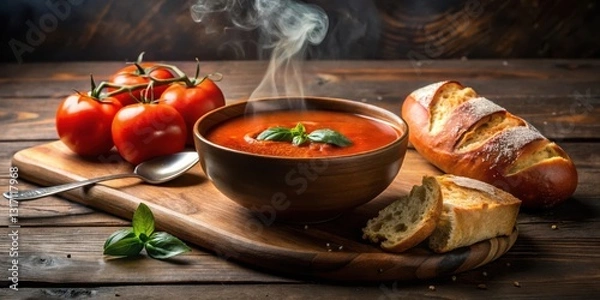 Fototapeta Aromatic Steaming Tomato Soup with Fresh Basil, Served with Crusty Bread on Rustic Wooden Board