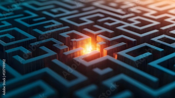 Obraz 3D Render of an Abstract Blue Maze with Orange Glow in Center