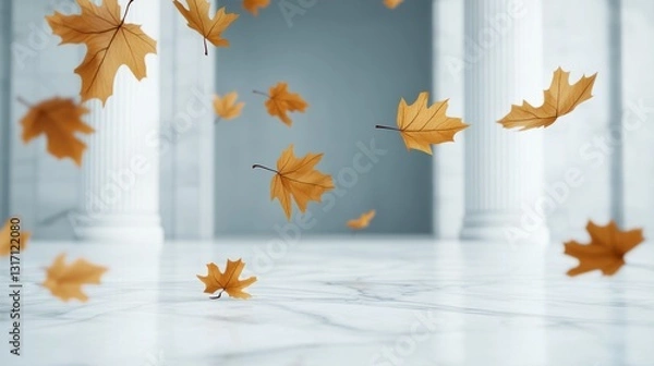 Fototapeta Falling Autumn Leaves Dance Elegantly in a Serene Indoor Space Capturing Nature's Beauty and Tranquility