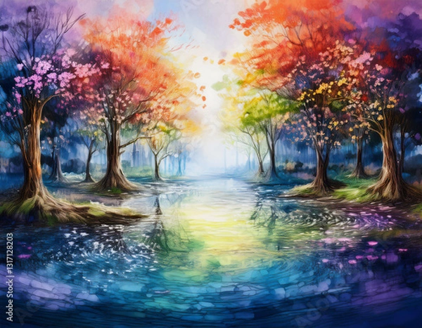 Fototapeta 森の木々や水面を通して差し込む光が、鮮やかな色彩の帯として交錯し、柔らかなグラデーションが、自然のリズムと調和した幻想的な模様を描き出すアブストラクトな背景イメージ