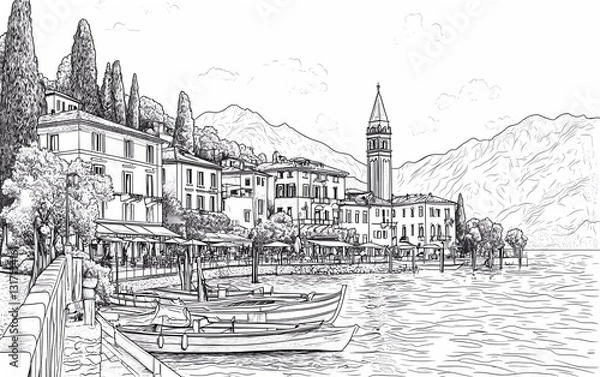 Fototapeta Coloring page: Beautiful view of the village on Lake Como with boats, white background, clean line art