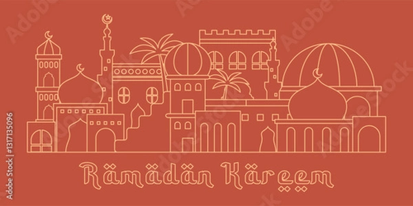 Fototapeta Line art drawing of mosques with monochrome color as Ramadan poster
