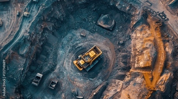Fototapeta Aerial view showcasing heavy machinery working in a large industrial mine site