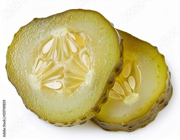 Obraz marinated pickled cucumber slices isolated on white background with full depth of field top view flat lay