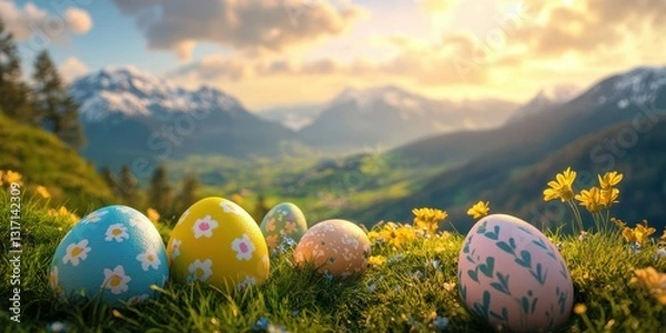 Fototapeta Colorful Easter eggs arranged on grass with mountains and flowers in a sunny landscape during springtime
