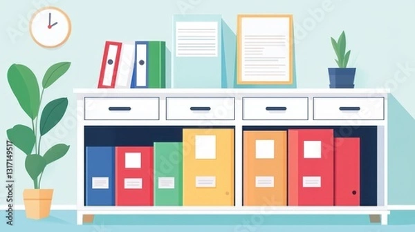 Fototapeta Organized Office Workspace:  A Minimalist Design with Colorful Files and Plant