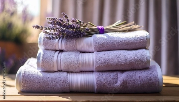 Fototapeta soft towels stacked together with lavender buds on top creating a serene and calming aesthetic ideal for wellness spa and beauty related content or marketing materials